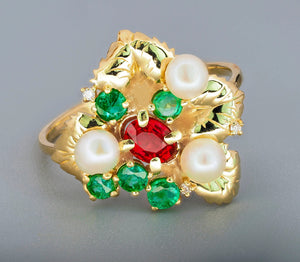 14k gold ring with natural ruby. Flower Ring. Colorful ring. Genuine Ruby ring. Pearl ring. Diamond ring. Emerald ring. Floral jewelry.
