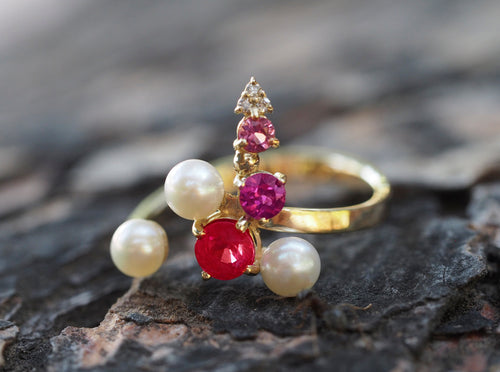 14k gold natural Ruby ring. Diamond ring. Amethyst ring. Tourmaline ring. Pearl ring. Open ended ring. Unique ring. Colorful ring.