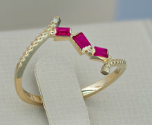 Load image into Gallery viewer, 14k gold ring with ruby. Genuine ruby ring. Dot ring. Bubble ring. Baguette Ruby ring. Diamond ring. Unique rings. Minimalist ring