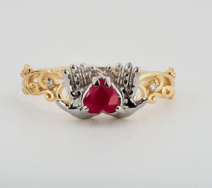 14k gold ring with ruby. Heart ruby ring. Hands ring. Promise rings. Heart ring. Cocktail ring. Unique rings. Alternative engagement ring