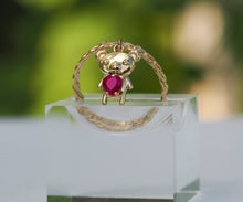 Load image into Gallery viewer, 14k gold ring with ruby. Teddy Bear ring. Heart ruby ring. Twist ring. Love ring. Heart ring. Animal ring. Red gemstone ring.