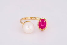 Load image into Gallery viewer, 14k gold ring with ruby and pearl. Cocktail ring. Cabochon gem ring. Open Ended Ring. Free size ring. Love ring. Valentine&#39;s Day Jewelry.