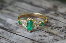 Load image into Gallery viewer, Vintage ring with emerald. Marquise emerald ring. Solid 14k gold ring. Emerald engagement ring. May birthstone ring. Gift for Christmas