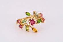 Load image into Gallery viewer, 14k gold natural ruby ring. Tourmaline ring. Sapphire Branch ruby ring. Colorful ring. Leaf Ring. Plant Ring. Multicolored Gemstone Rings