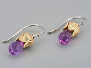 Amethyst and diamonds earrings. Briolette amethyst earrings. Gold drop earrings. Statement earrings. Plant earrings. February birthstone