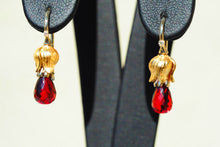 Load image into Gallery viewer, Garnet and diamonds earrings. Briolette garnet earrings. Lily flower earrings. Gold drop earrings. Statement earrings. Plant earrings