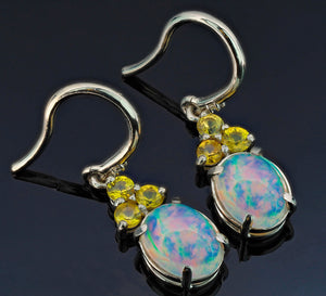 Opal earrings. Sapphire earrings. 14k gold earrings. Vintage opal earrings. Ethiopian opal earrings. Multicolor earrings. Rainbow earrings