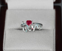 Load image into Gallery viewer, 14 kt solid gold ring with natural ruby. Natural ruby ring. Heart ruby ring. Letter ring. Heart ring. Love ring. Valentine&#39;s Day Jewelry