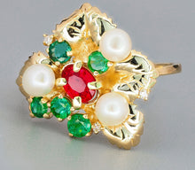 Load image into Gallery viewer, 14k gold ring with natural ruby. Flower Ring. Colorful ring. Genuine Ruby ring. Pearl ring. Diamond ring. Emerald ring. Floral jewelry.