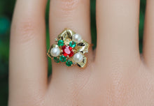 Load image into Gallery viewer, 14k gold ring with natural ruby. Flower Ring. Colorful ring. Genuine Ruby ring. Pearl ring. Diamond ring. Emerald ring. Floral jewelry.