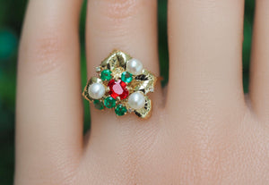 14k gold ring with natural ruby. Flower Ring. Colorful ring. Genuine Ruby ring. Pearl ring. Diamond ring. Emerald ring. Floral jewelry.
