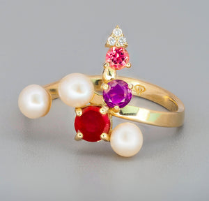 14k gold natural Ruby ring. Diamond ring. Amethyst ring. Tourmaline ring. Pearl ring. Open ended ring. Unique ring. Colorful ring.