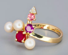 Load image into Gallery viewer, 14k gold natural Ruby ring. Diamond ring. Amethyst ring. Tourmaline ring. Pearl ring. Open ended ring. Unique ring. Colorful ring.