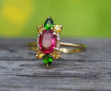 Load image into Gallery viewer, 14k gold ring with natural ruby ring. Cocktail ring. Ruby ring. Sapphire ring. Diamond ring. Colorful ring
