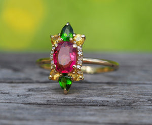 14k gold ring with natural ruby ring. Cocktail ring. Ruby ring. Sapphire ring. Diamond ring. Colorful ring