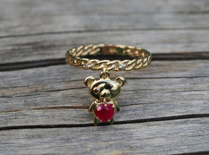 14k gold ring with ruby. Teddy Bear ring. Heart ruby ring. Twist ring. Love ring. Heart ring. Animal ring. Red gemstone ring. Valentine gift