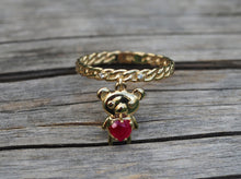 Load image into Gallery viewer, 14k gold ring with ruby. Teddy Bear ring. Heart ruby ring. Twist ring. Love ring. Heart ring. Animal ring. Red gemstone ring.