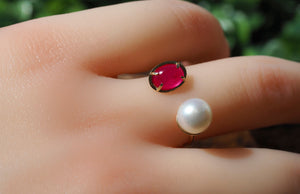 14k gold ring with ruby and pearl. Cocktail ring. Cabochon gem ring. Open Ended Ring. Free size ring. Love ring. Valentine's Day Jewelry.