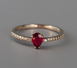 14k gold ruby ring. Genuine ruby ring. Red gemstone ring. Pear ruby ring. Bubble ring. Dotted ring. Promise ring. Cute ring