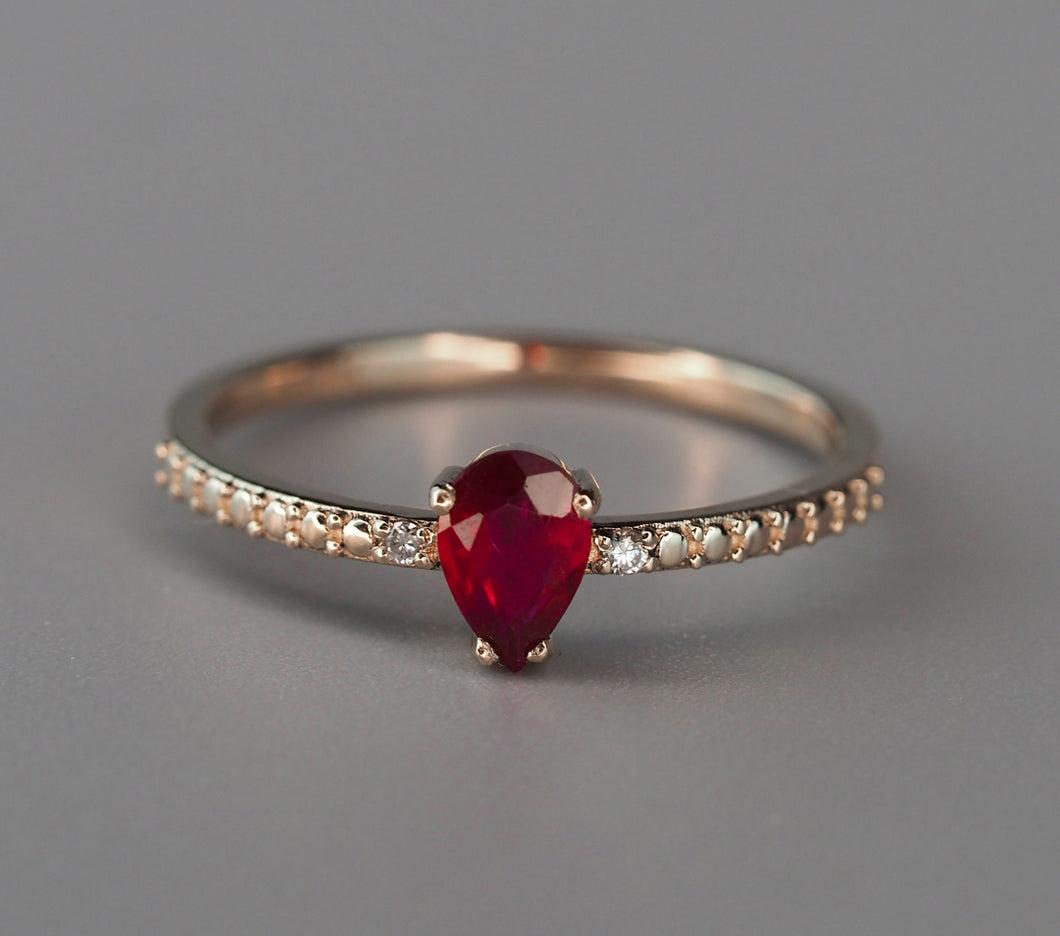 14k gold ruby ring. Genuine ruby ring. Red gemstone ring. Pear ruby ring. Bubble ring. Dotted ring. Promise ring. Cute ring