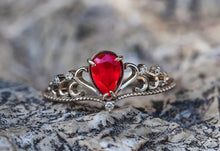 Load image into Gallery viewer, 14k gold ring with natural ruby. Genuine natural ruby ring. Pear ruby ring. Red Gemstone ring. Gold crown ring. Statement ring with ruby.