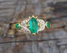 Load image into Gallery viewer, Vintage ring with emerald. Marquise emerald ring. Solid 14k gold ring. Emerald engagement ring. May birthstone ring. Gift for Christmas