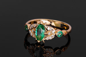 Vintage ring with emerald. Marquise emerald ring. Solid 14k gold ring. Emerald engagement ring. May birthstone ring. Gift for Christmas