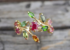 14k gold natural ruby ring. Tourmaline ring. Sapphire Branch ruby ring. Colorful ring. Leaf Ring. Plant Ring. Multicolored Gemstone Rings