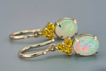 Load image into Gallery viewer, Opal earrings. Sapphire earrings. 14k gold earrings. Vintage opal earrings. Ethiopian opal earrings. Multicolor earrings. Rainbow earrings