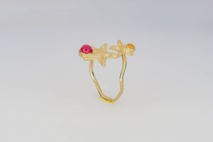 Natural Ruby and Sapphire 14k Gold Ring. Star fish ring. Ruby and sapphire ring. Orange Gemstone ring. Red gemstone ring. July birthstone
