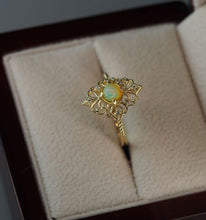 Load image into Gallery viewer, 14 k gold ring with opal and diamonds.  Dainty opal ring. Opal promise ring.  White opal ring. Opal diamond engagement ring
