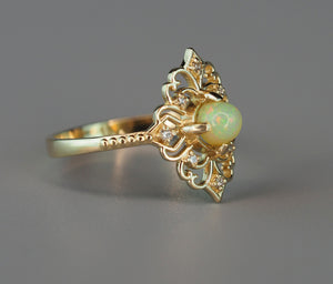 14 k gold ring with opal and diamonds.  Dainty opal ring. Opal promise ring.  White opal ring. Opal diamond engagement ring
