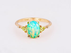 14 k gold ring with opal and diamonds.  Dainty opal ring. Opal promise ring.  Opal and peridot ring. Opal engagement ring. Peridot ring.