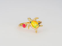 Load image into Gallery viewer, 14k solid gold ring with opal, ruby and diamonds. Sea Turtle gold ring. Animal design ring. Dainty opal ring. Colorful ring. Open Ended Ring