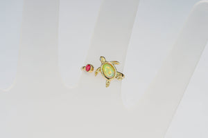 14k solid gold ring with natural opal, ruby and diamonds. Sea Turtle gold ring. Animal design ring. Colorful ring. October birthstone.