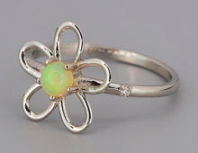 Load image into Gallery viewer, 14 k gold ring with opal and diamonds. Flower design gold ring. Dainty colorful opal ring. Anniversary Gift Unique Floral Ring