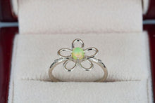 Load image into Gallery viewer, 14 k gold ring with opal and diamonds. Flower design gold ring. Dainty colorful opal ring. Anniversary Gift Unique Floral Ring