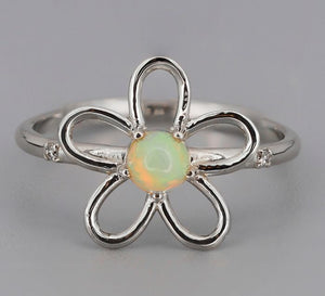 14 k gold ring with opal and diamonds. Flower design gold ring. Dainty colorful opal ring. Anniversary Gift Unique Floral Ring