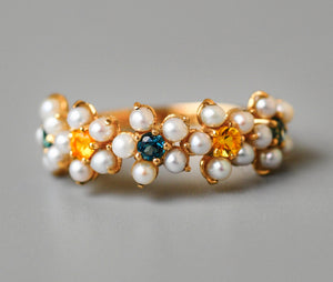 Semi Eternity 14 K Gold Sapphire September Birthstone and Pearl ring. Chamomile ring.  Ring with blue and yellow sapphires. Flower ring.