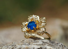 Load image into Gallery viewer, Solid 14k Gold Natural Sapphire. September Birthstone ring. Gold ring with sapphire cabochon. Flower gold ring. Blue gemstone ring.