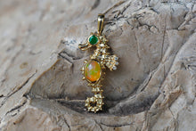 Load image into Gallery viewer, Solid 14 K Gold Seahorse pendant with opal and emerald. Multicolor Ethiopian Opal gemstone. Ocean Mermaid Pendant. Handmade Charm.