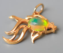 Load image into Gallery viewer, Solid 14K Gold Fish pendant with 1.00 ct opal, diamond. Fire Multicolor Ethiopian Opal gemstone pendant. October Birthstone Lucky fish Gift.