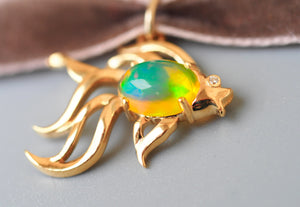 Solid 14K Gold Fish pendant with 1.00 ct opal, diamond. Fire Multicolor Ethiopian Opal gemstone pendant. October Birthstone Lucky fish Gift.