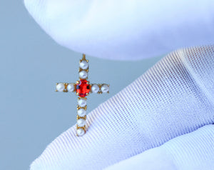 14 K Gold cross pendant. Orange sapphire pendant. Pearl pendant. September Birthstone Jewelry. Religious Pendant. Oval sapphire pendant