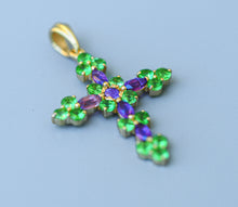 Load image into Gallery viewer, Solid 14 K Solid Gold Cross pendant with natural amethysts and rare tsavorite. Religious Pendant. February birthstone. January birthstone