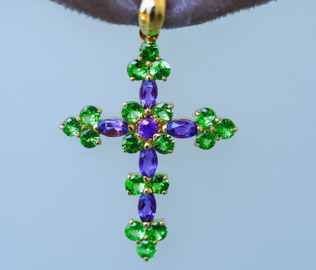 Solid 14 K Solid Gold Cross pendant with natural amethysts and rare tsavorite. Religious Pendant. February birthstone. January birthstone