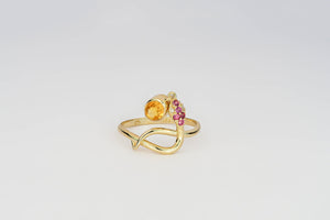 Snake gold ring with Orange Genuine Sapphire and diamonds.  Orange Gemstone ring. Serpentine Ring. Rose sapphire ring.
