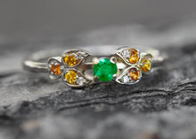 Load image into Gallery viewer, 14k solid gold ring with round Emerald, yellow sapphires and diamonds. Minimalist emerald ring. Emerald engagement ring. May Birthstone Ring