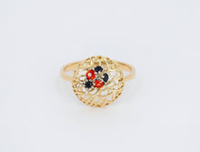 Load image into Gallery viewer, Solid 14k gold Ladybug ring with orange red natural sapphires and black spinels. Nature inspired ring. Good Luck jewelry. Mother Day Gifts.