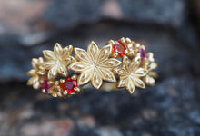 Load image into Gallery viewer, Solid 14k gold Star Anise Flower ring with orange red sapphires and violet amethysts. Nature inspired ring. Spice ring. Botanical Jewelry.